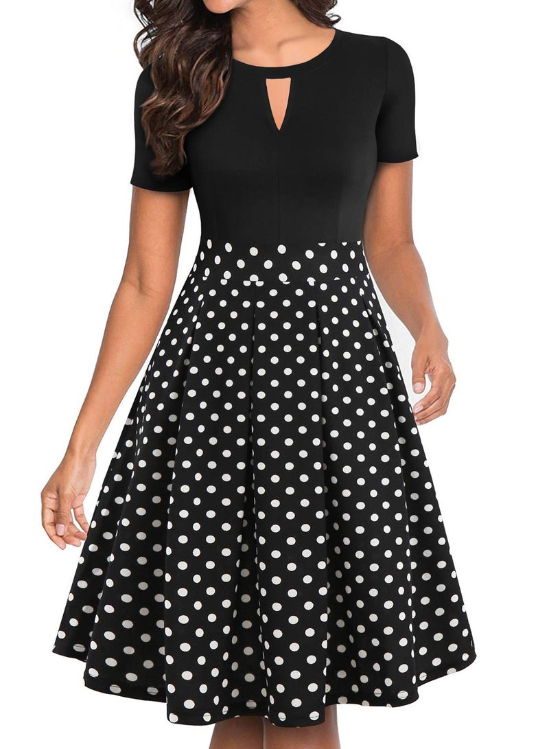 YATHON Dresses for Women Vintage Black Dot Front O V-Neck Fall Pleated Pockets Party Cocktail Business Swing Casual Wear to Work Dresses (S, YT018-Black Dot) - Image 1
